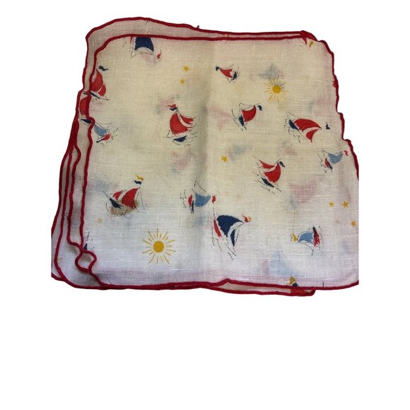 Vintage Nautical Print Handkerchief With Red Trim & Sailboat Design 4 - Picture 1 of 6